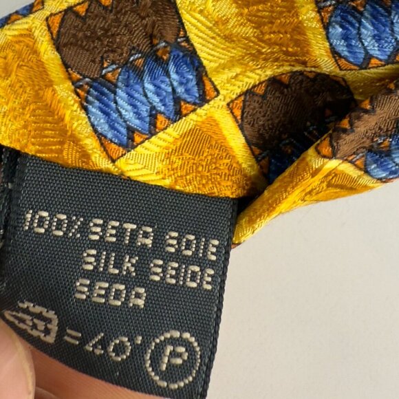 Ermenegildo Zegna Plaid Geometric Design Yellow Blue & Brown Silk Tie L 58" W 4" - Picture 3 of 5